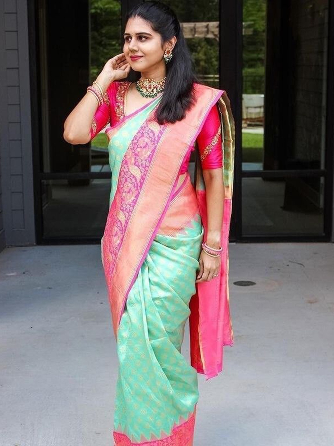 

bansari textiles Woven Design Zari Kanjeevaram Saree, Green