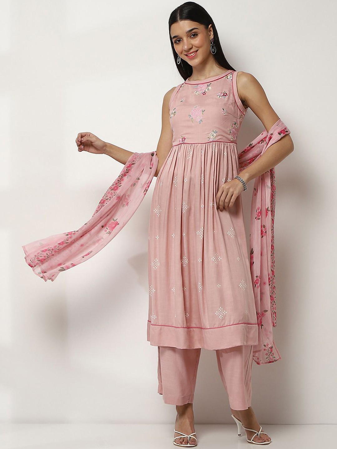 

Rangriti Floral Embroidered Round Neck Anarkali Kurta With Palazzos And Dupatta, Pink