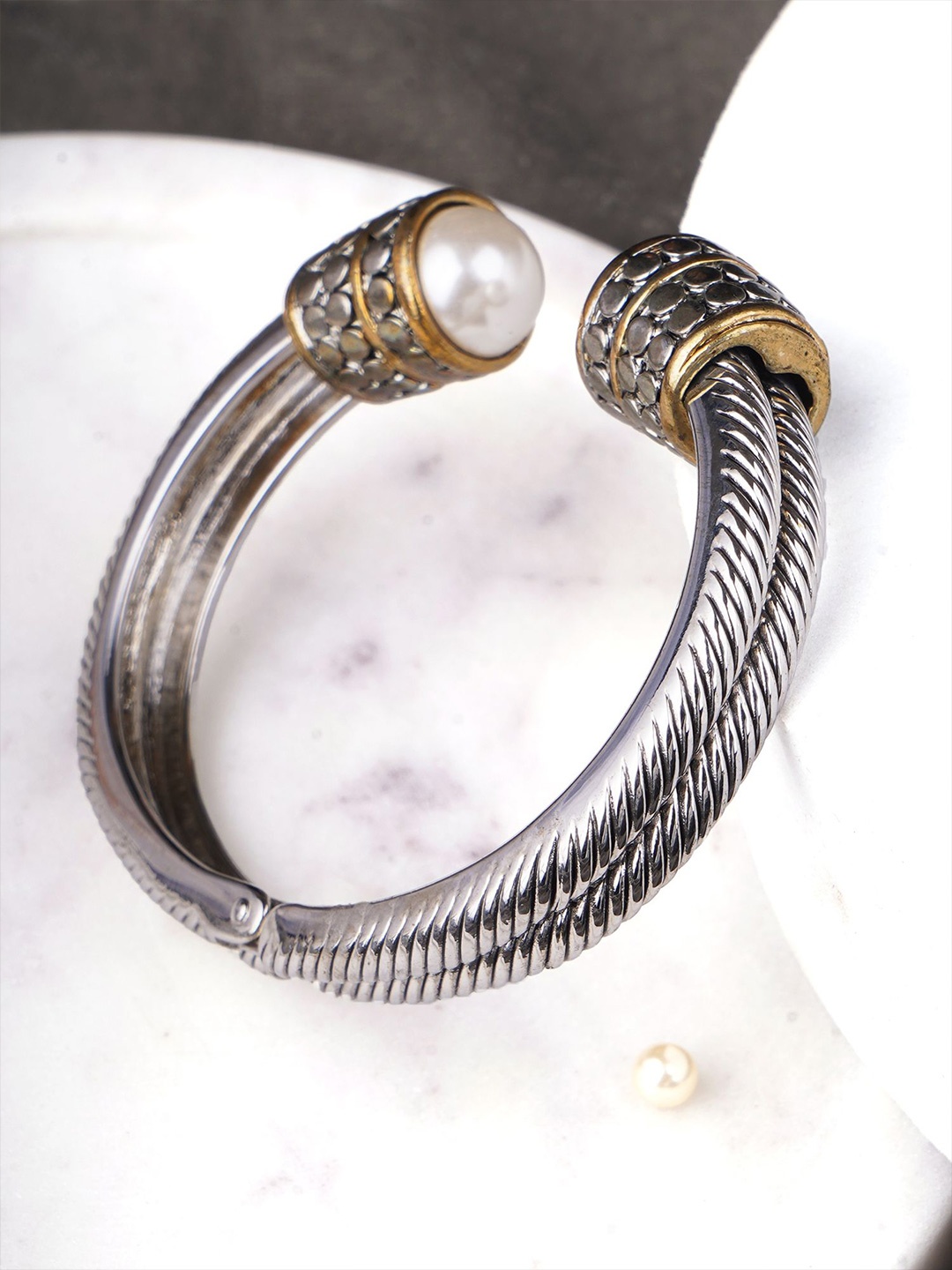 

Sangria Silver-Toned Silver-Plated Pearls Beaded Cuff Bracelet