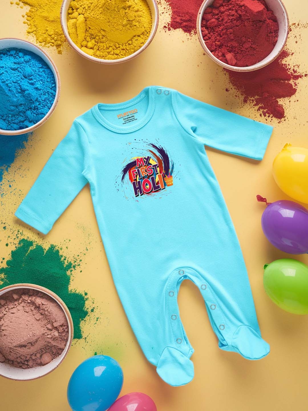 

FFLIRTYGO Infants Holi Printed Cotton Sleepsuit, Turquoise blue