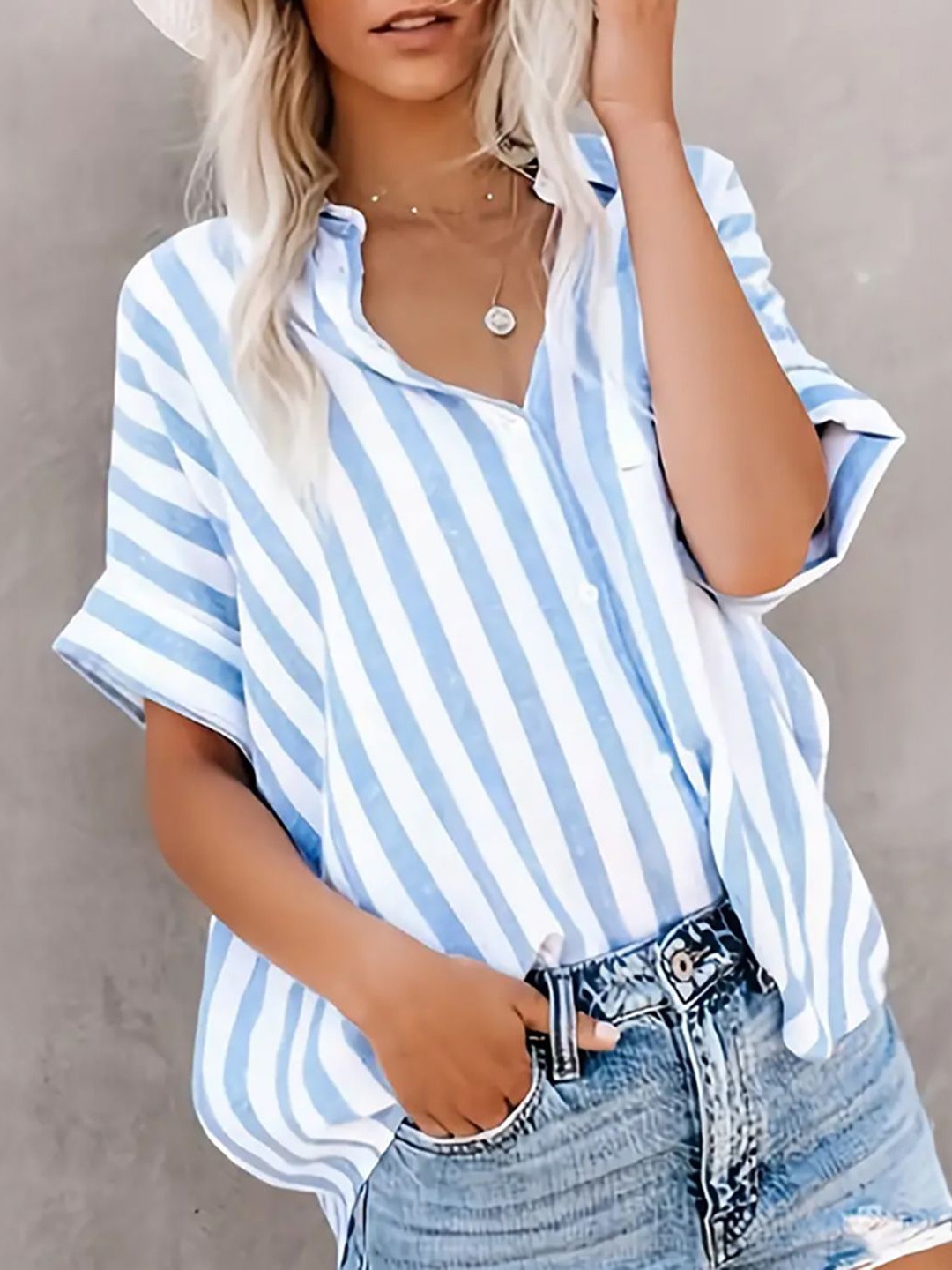 

StyleCast x Revolte Women Spread Collar Vertical Striped Casual Shirt, Blue