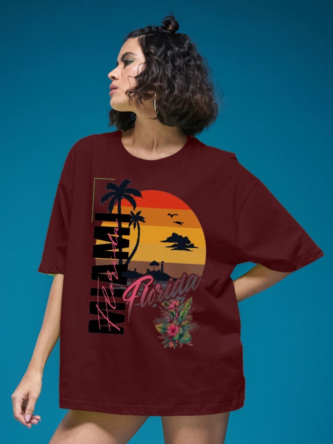 

SMARTEES Women Graphic Printed Round Neck Cotton Oversized T-shirt, Maroon