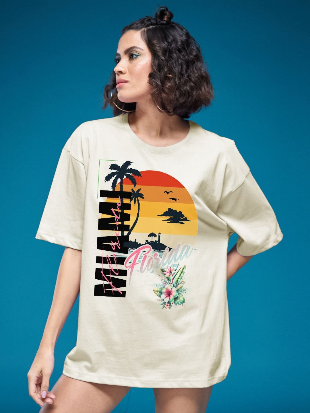 

SMARTEES Women Graphic Printed Round Neck Cotton Oversized T-shirt, Beige