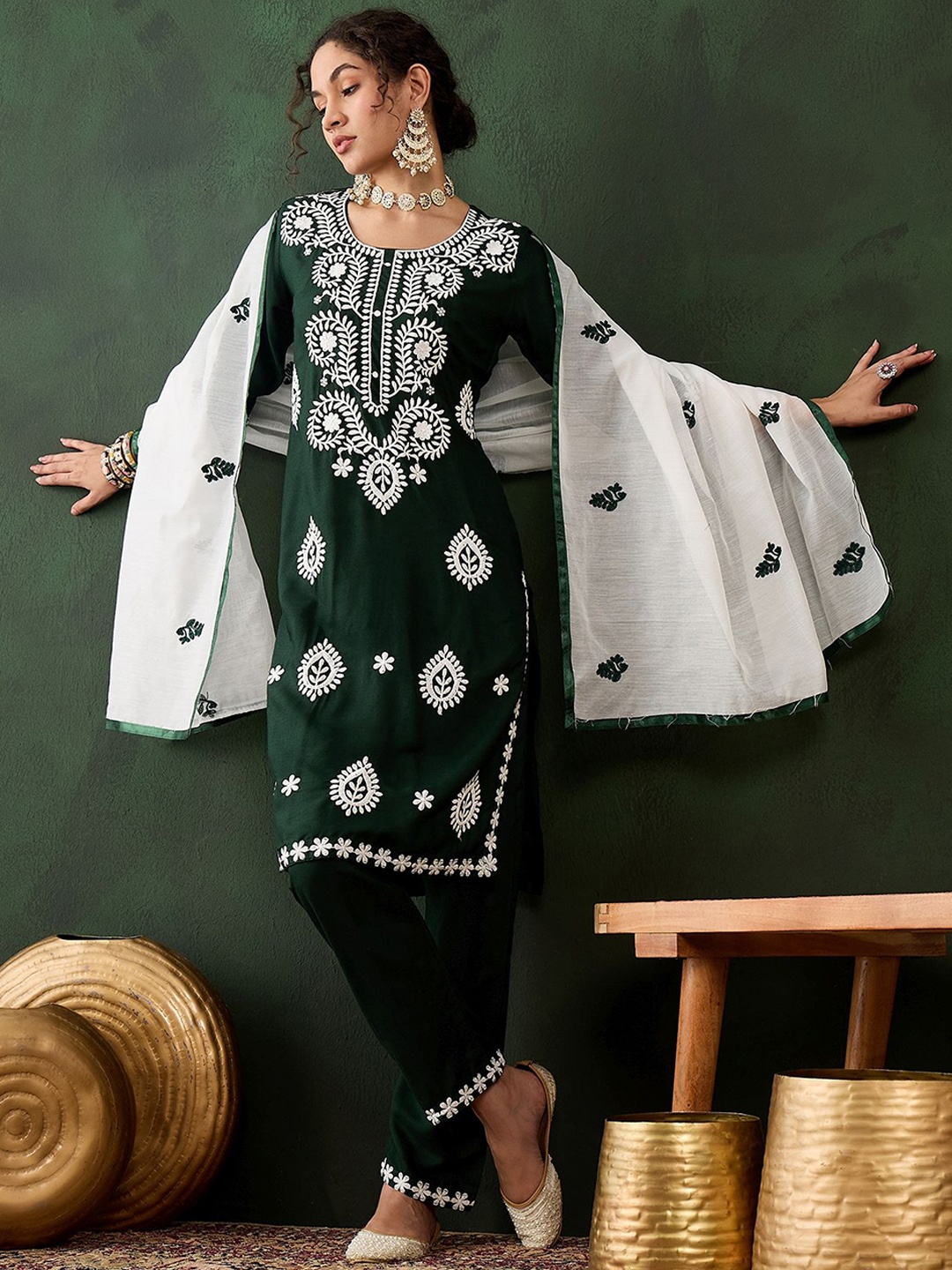 

KIMISHA Floral Embroidered Chikankari Straight Kurta With Trousers & Dupatta, Green