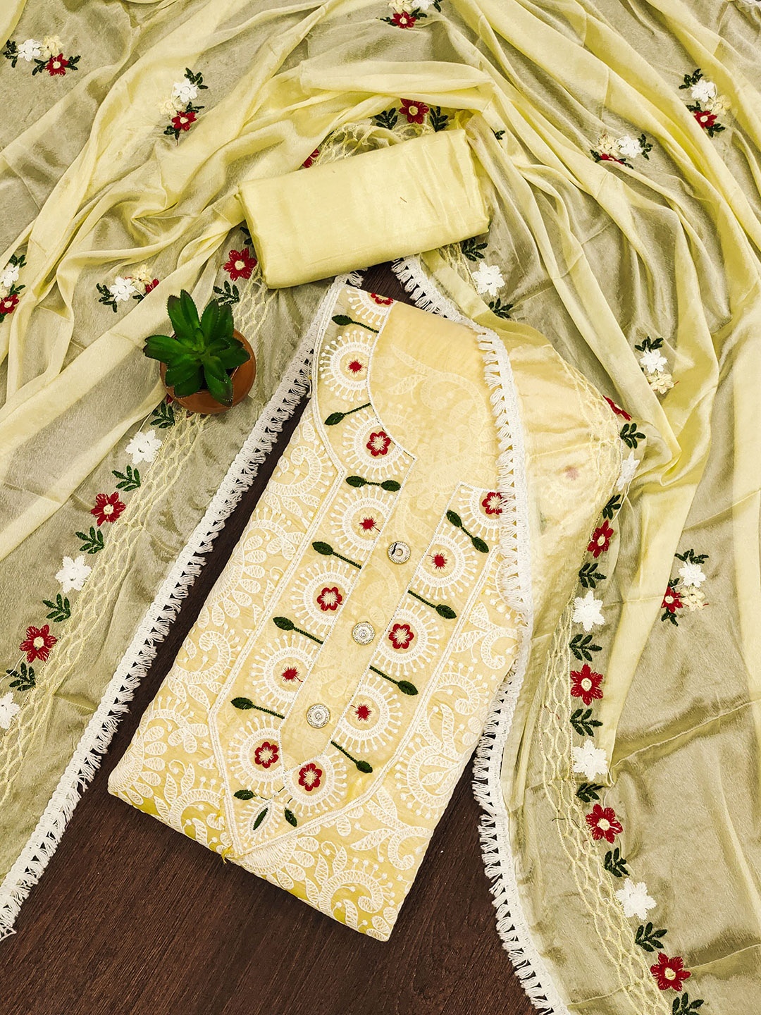 

Sidhidata Floral Embroidered Chanderi Cotton Unstitched Dress Material, Yellow