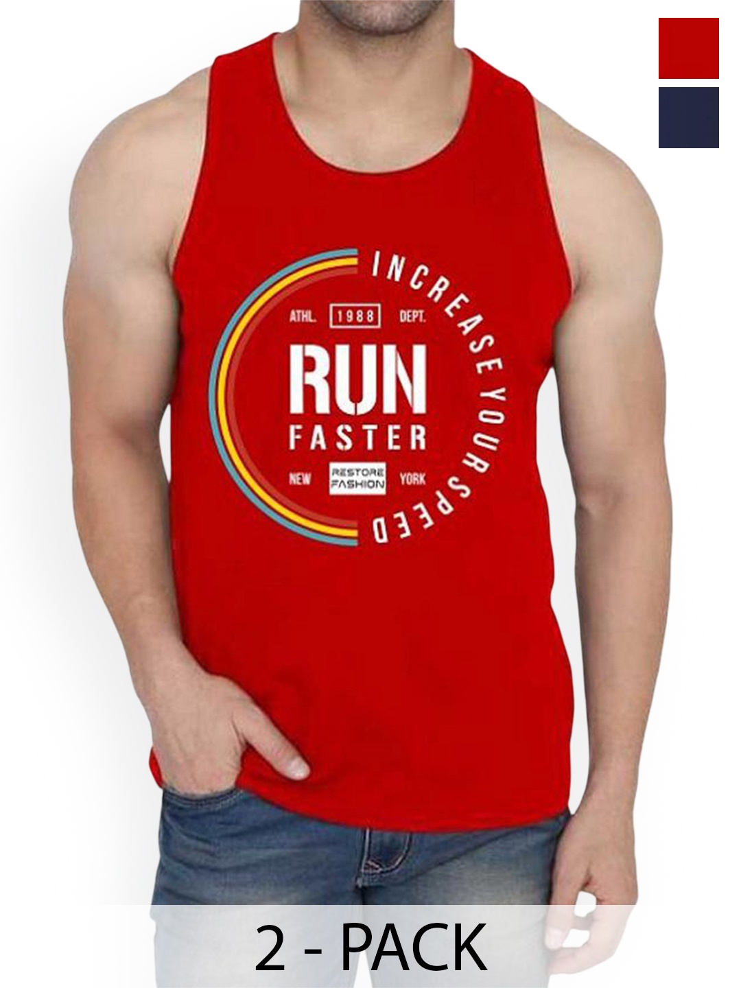 

WOOSTRO Pack Of 2 Printed Combed Cotton Gym Vest RS26 CMB (HARD NAVY) (RUN RED), Navy blue