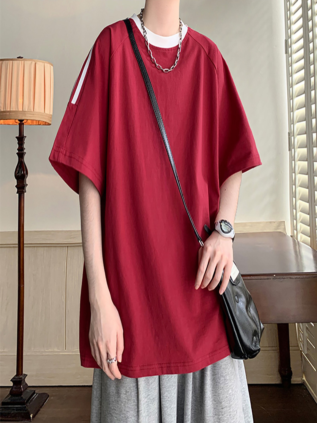 

StyleCast x Revolte Men Striped Round Neck Cotton Oversized T-shirt, Red