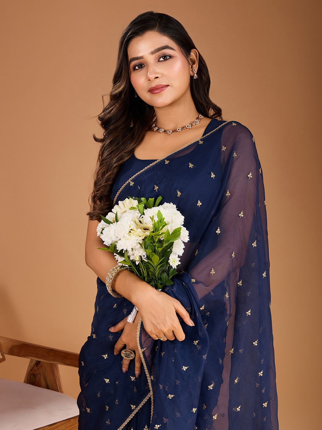 

House of Pataudi Sequinned Embroidered Saree with Blouse Piece, Navy blue