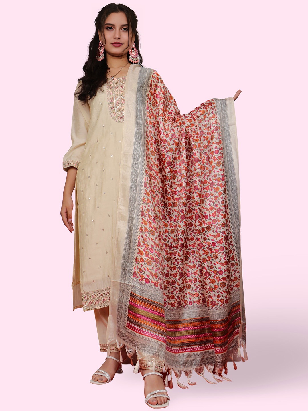 

Shreekama Women Embroidered Regular Thread Work Chanderi Silk Kurta with Palazzos & With Dupatta, White