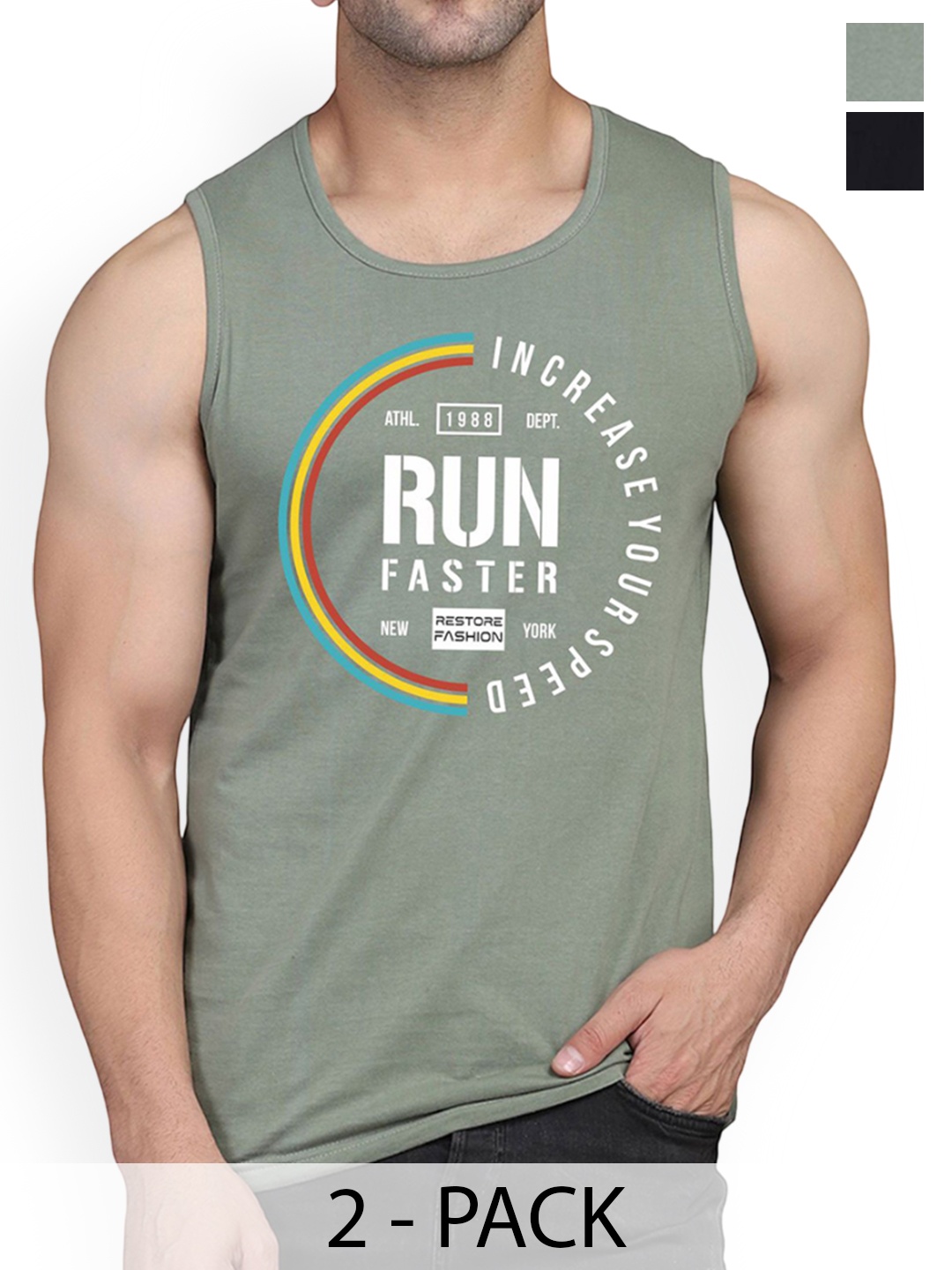 

Woostro Pack Of 2 Printed Cotton Gym Vests RS26 CMB (MORE BLACK) (RUN LGTGREEN)