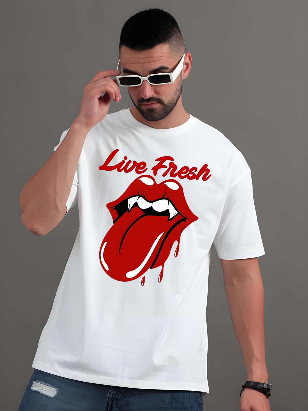 

Krimmple Men Graphic Printed Round Neck Cotton Oversized T-shirt, White