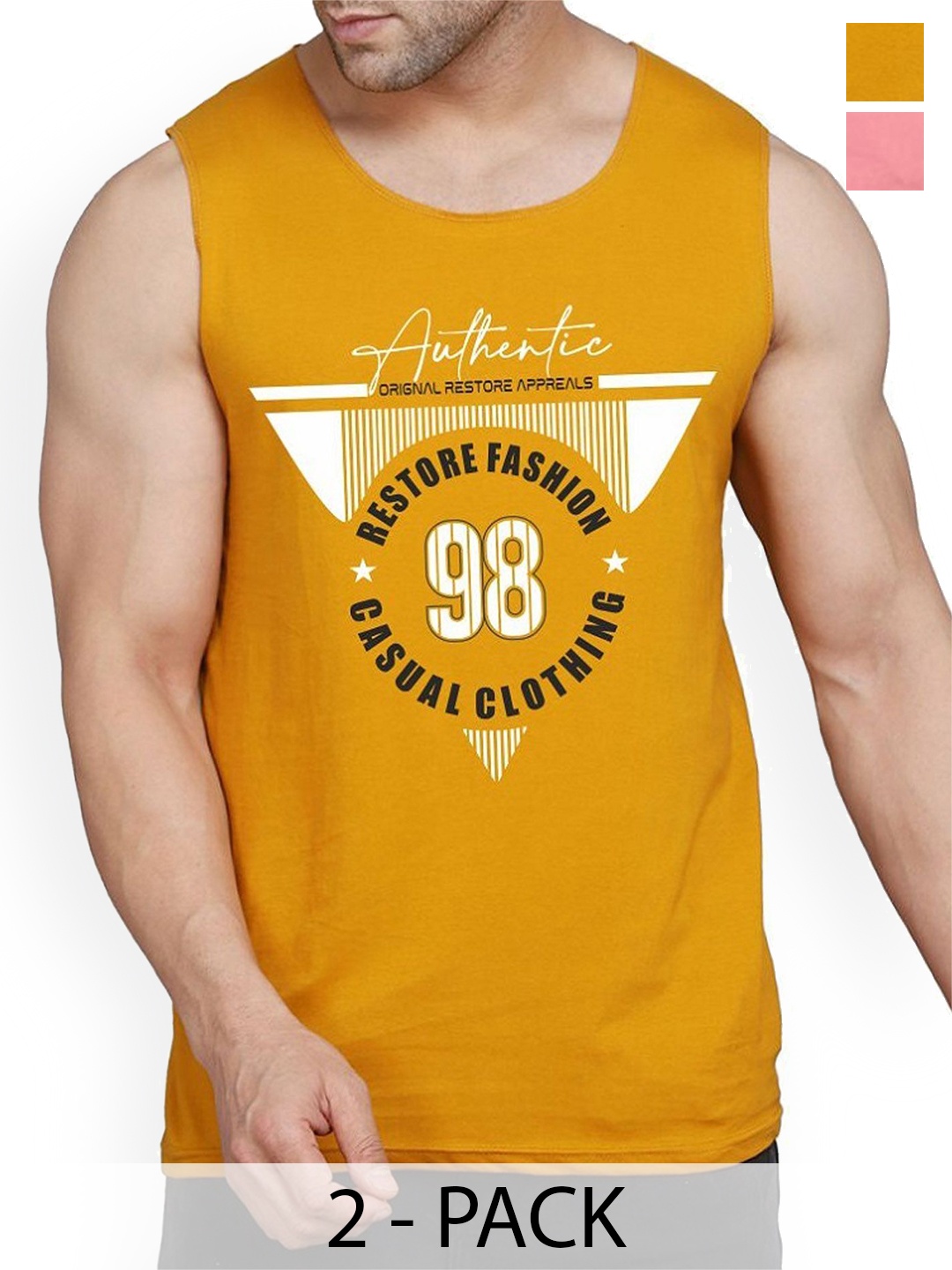 

WOOSTRO Pack Of 2 Printed Sleeveless Innerwear Vests, Mustard