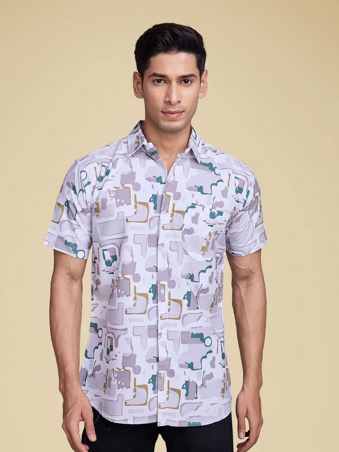 

SZN Men Standard Fit Spread Collar Abstract Printed Cotton Casual Shirt, White