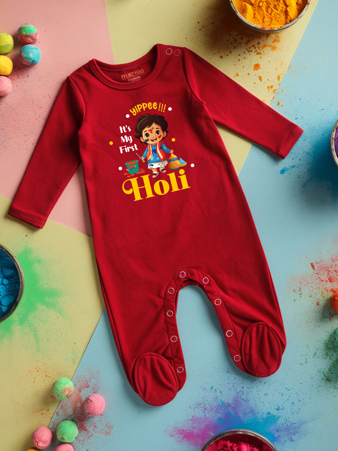 

FFLIRTYGO Infants Holi Printed Cotton Sleepsuit, Red