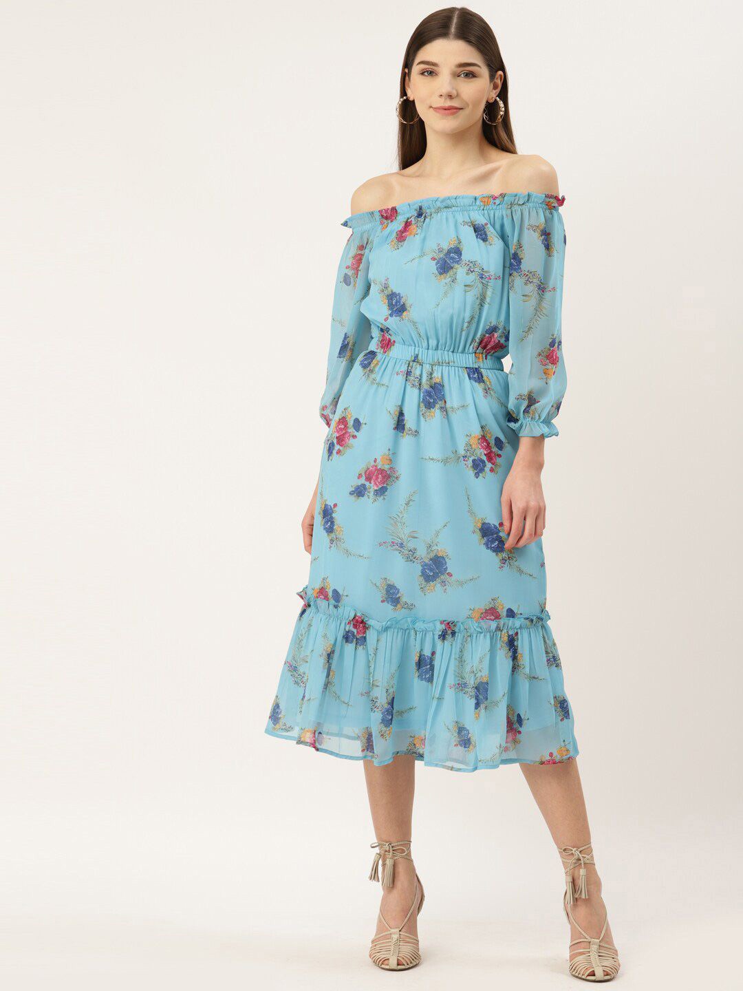 

DressBerry Floral Print Off-Shoulder Puff Sleeve Georgette Fit & Flare Dress, Blue