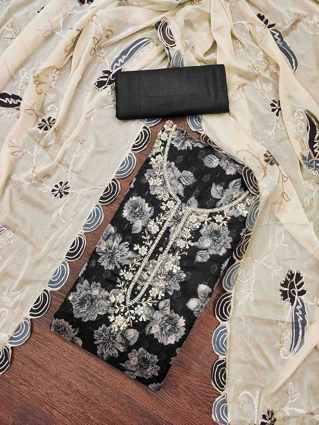 

KIMISHA Floral Embellished Beads And Stones Unstitched Dress Material, Black