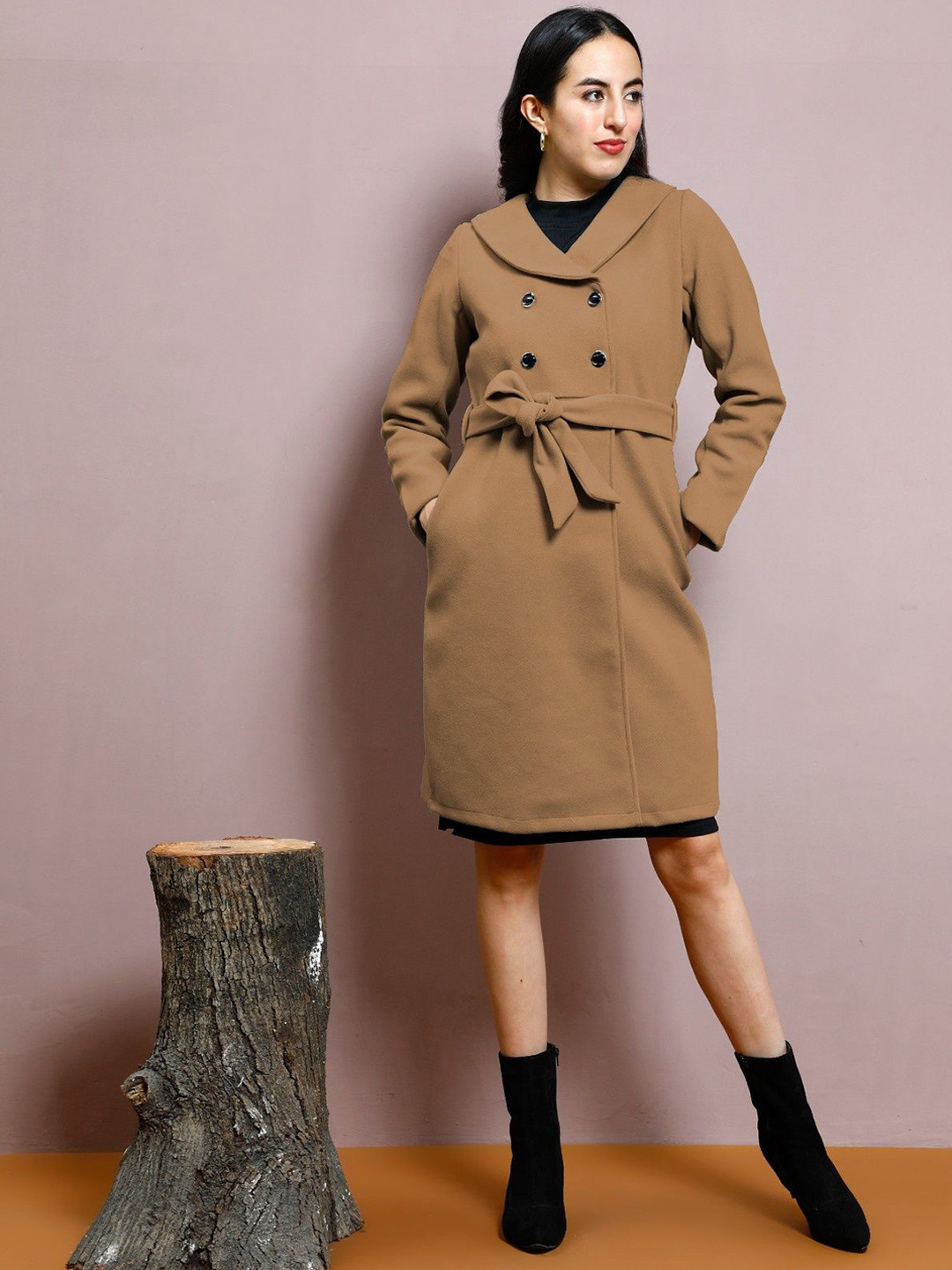 

Athena Women Shawl Collar Double-Breasted Longline Overcoat, Brown