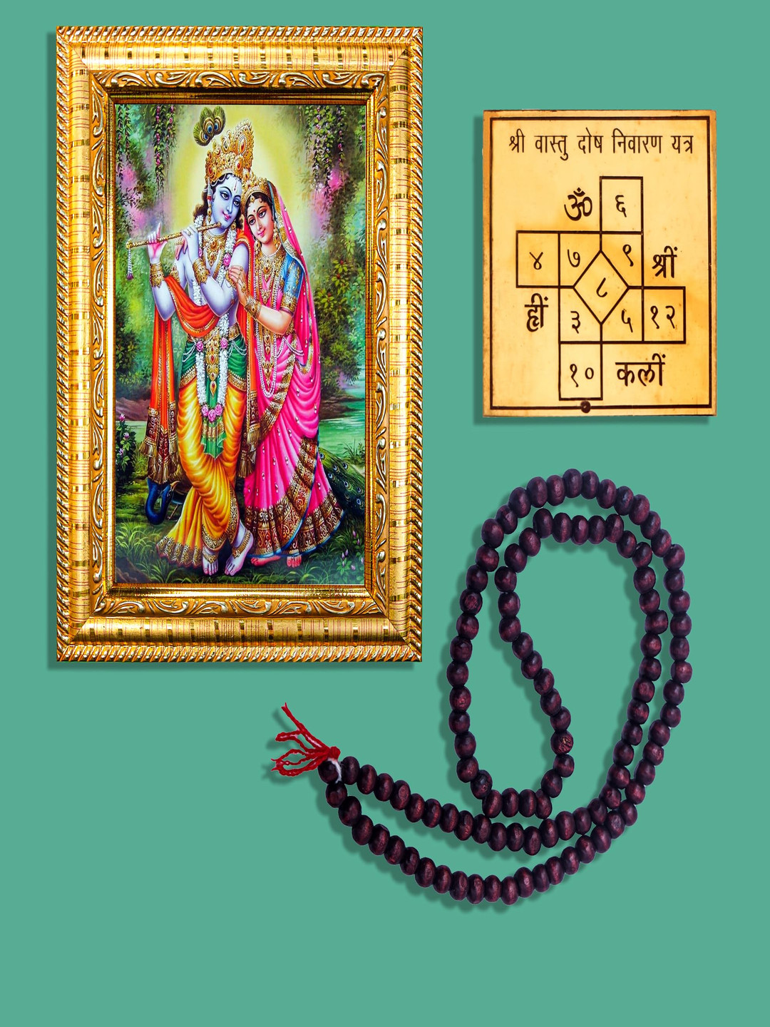 

Hawai Gold-Toned and Blue Radha Krishna Wooden Wall Photo Frame with Yantra and Mala
