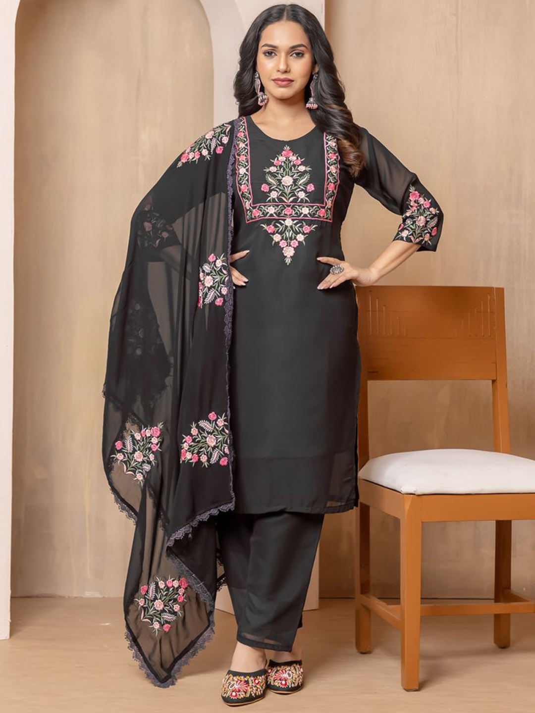 

KALINI Round Neck Floral Embroidered Georgette Straight Kurta With Trousers And Dupatta, Black