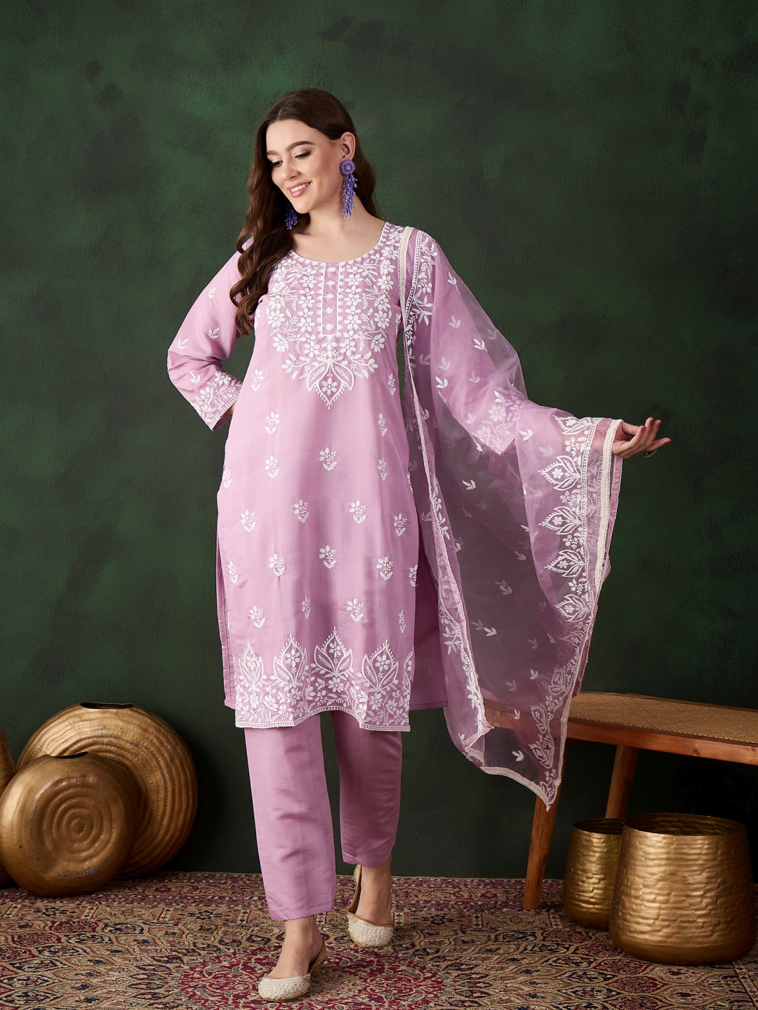 

Blissta Lavender Floral Embroidered Round Neck Chikankari Kurta With Trousers & Dupatta