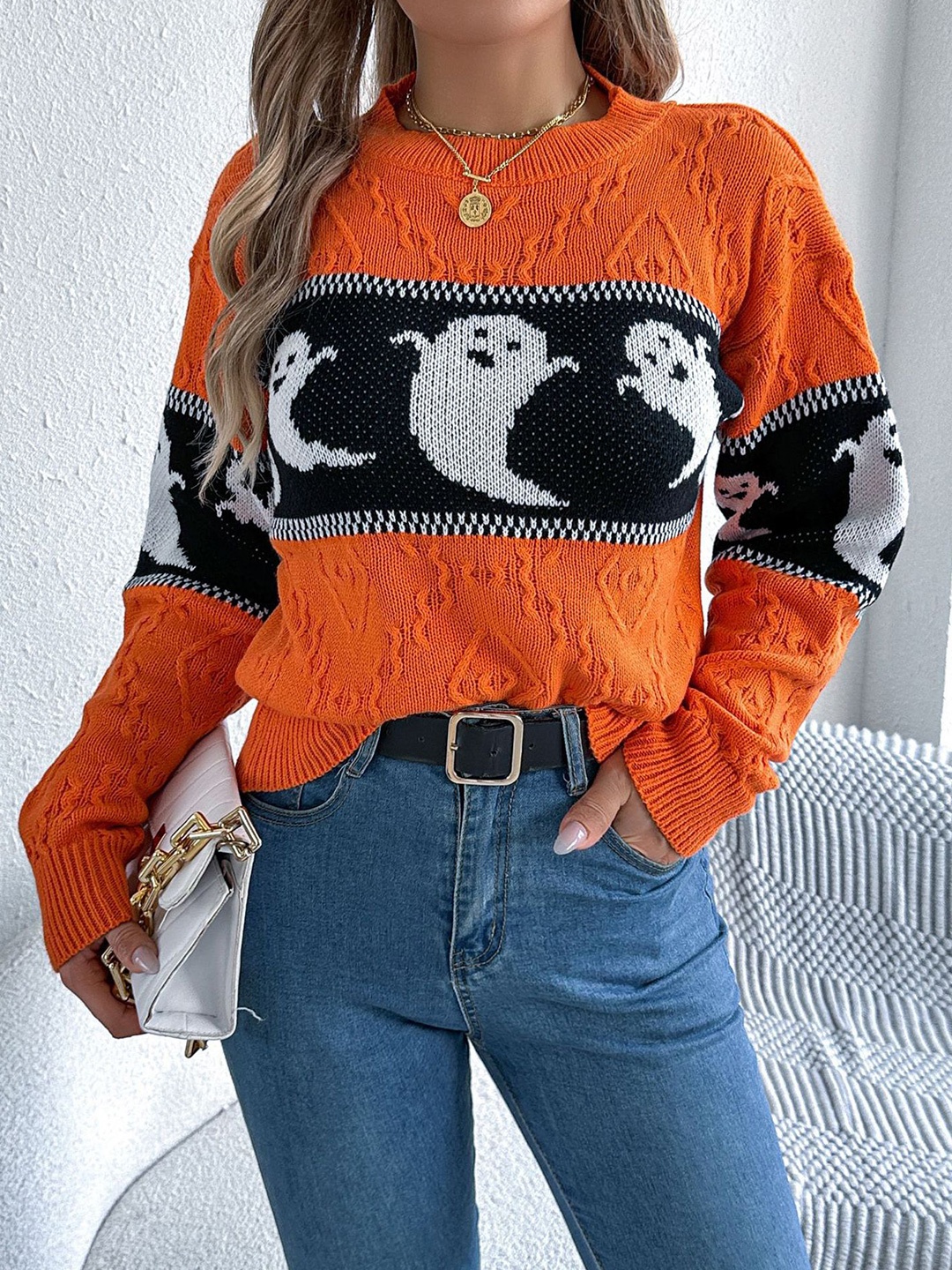 

StyleCast x Revolte Women Round Neck Pullover Sweater, Orange