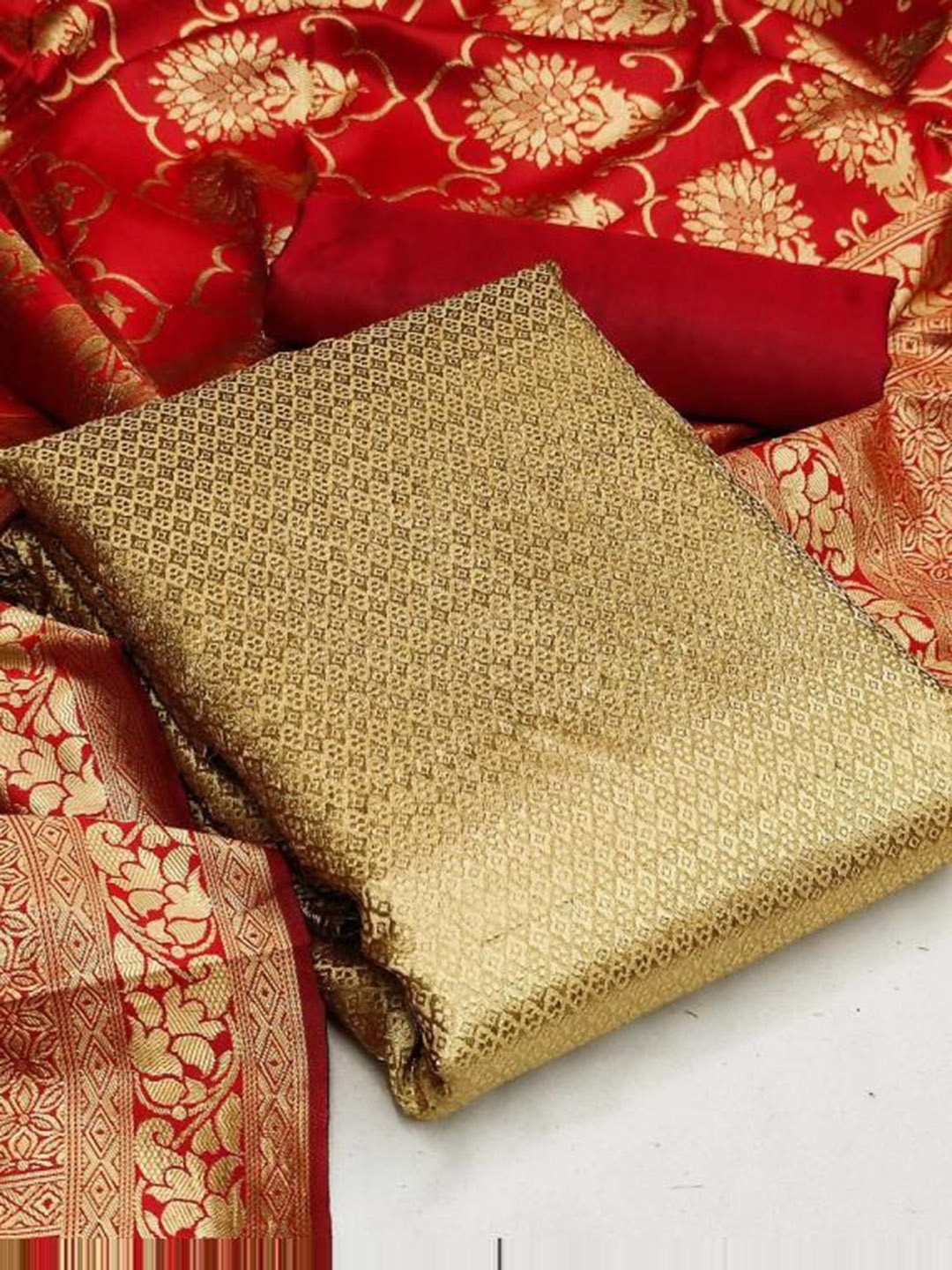 

KALINI Geometric Woven Design Banarasi Jacquard Silk Unstitched Dress Material, Gold