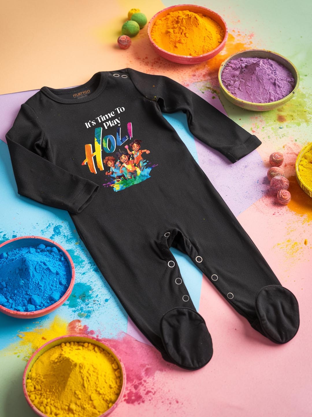 

FFLIRTYGO Infants Holi Printed Cotton Sleepsuit, Black