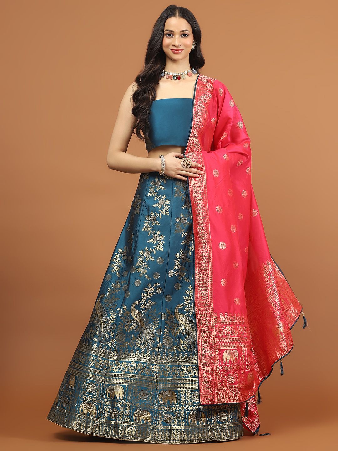 

Meena Bazaar Floral Woven Design Semi-Stitched Lehenga & Unstitched Blouse With Dupatta, Teal