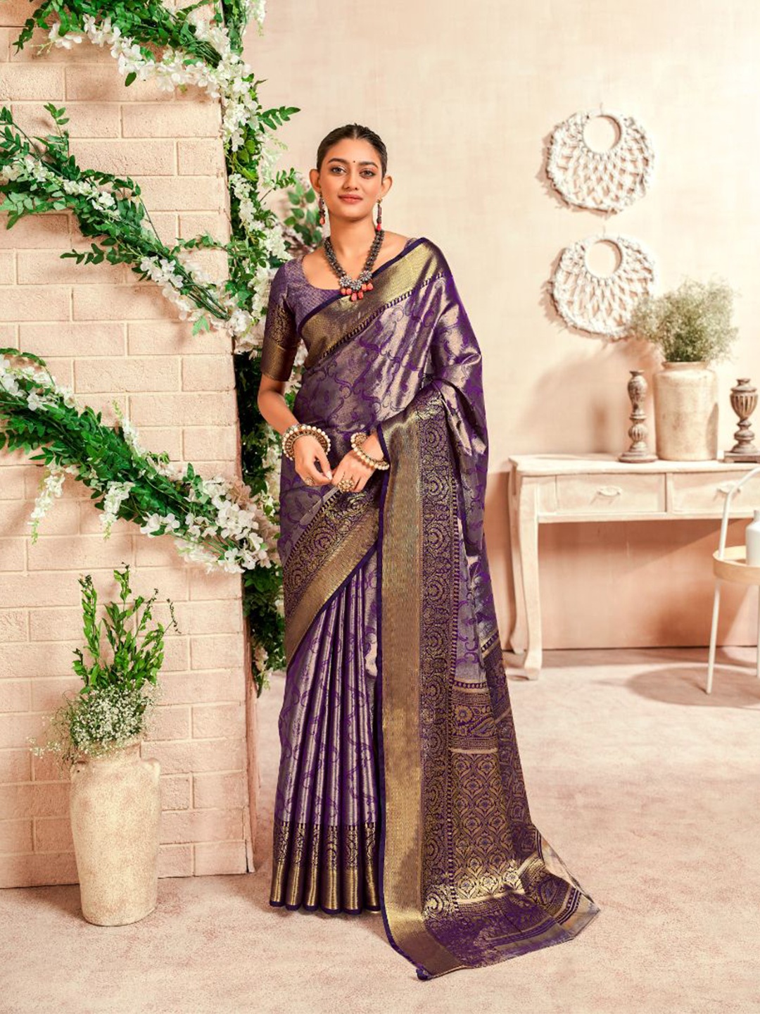 

NK Textiles Woven Design Zari Dharmavaram Saree, Purple