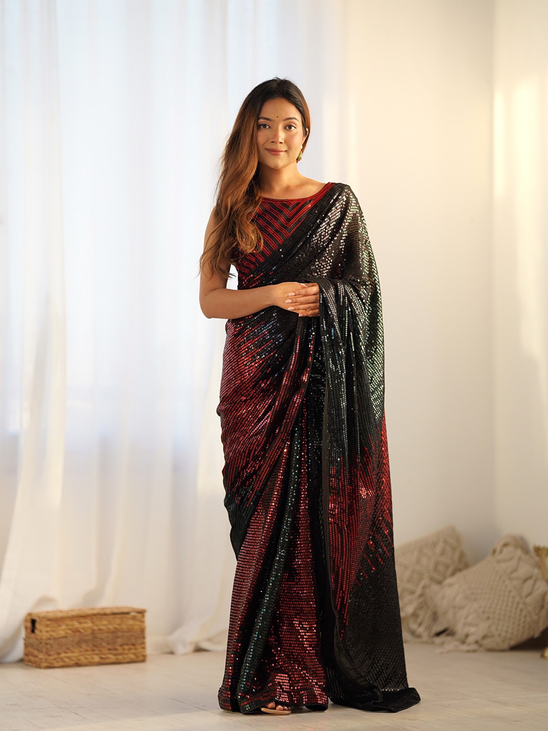 

DWIZA ENTERPRISE Sequinned Embellished Pure Georgette Saree, Red