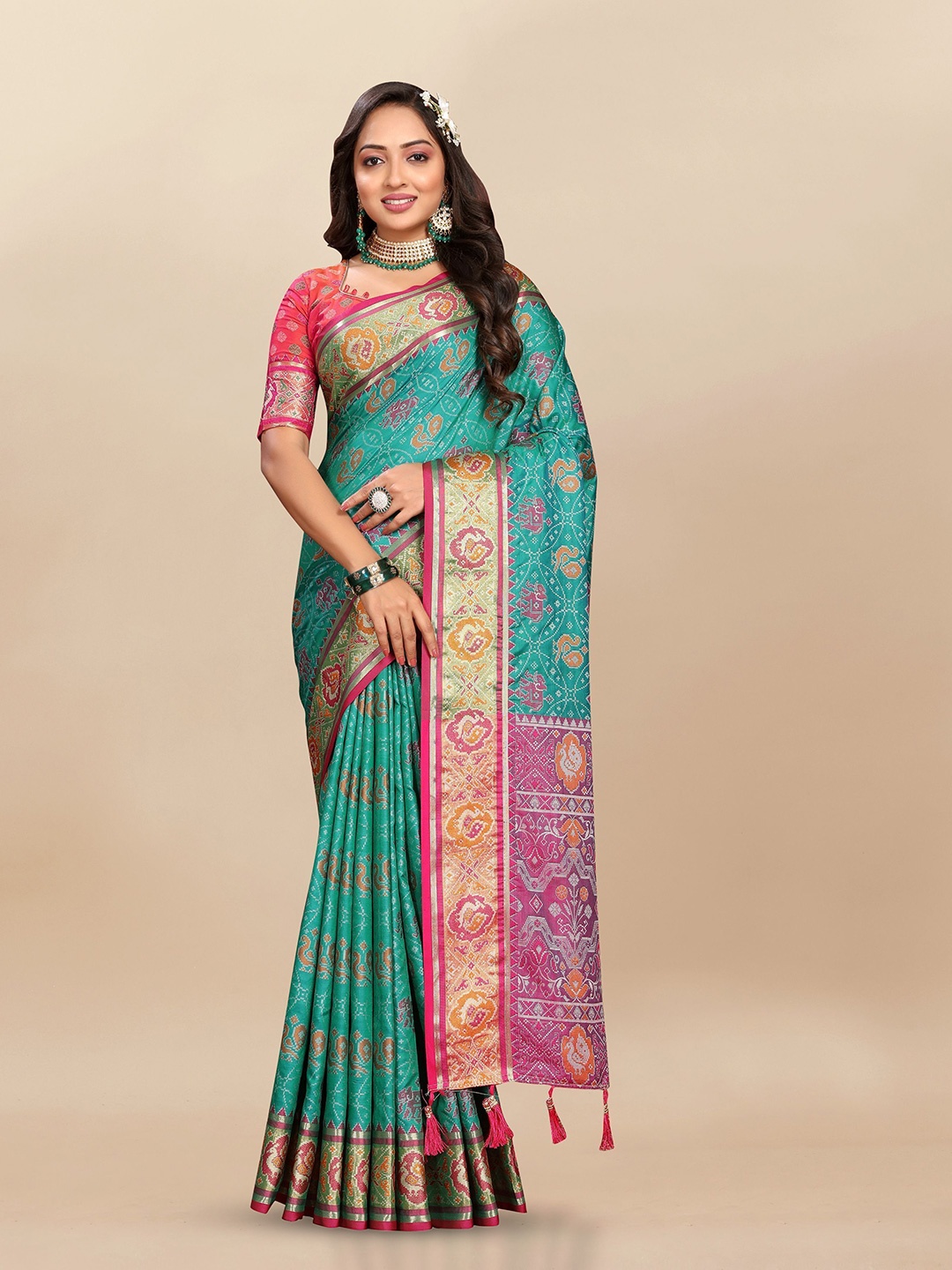 

bansari textiles Woven Design Zari Patola Saree, Green