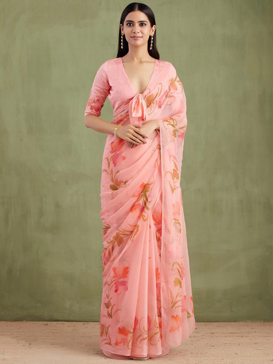 

Geroo Luxe Floral Printed Mukaish Work Pure Chiffon Saree, Pink