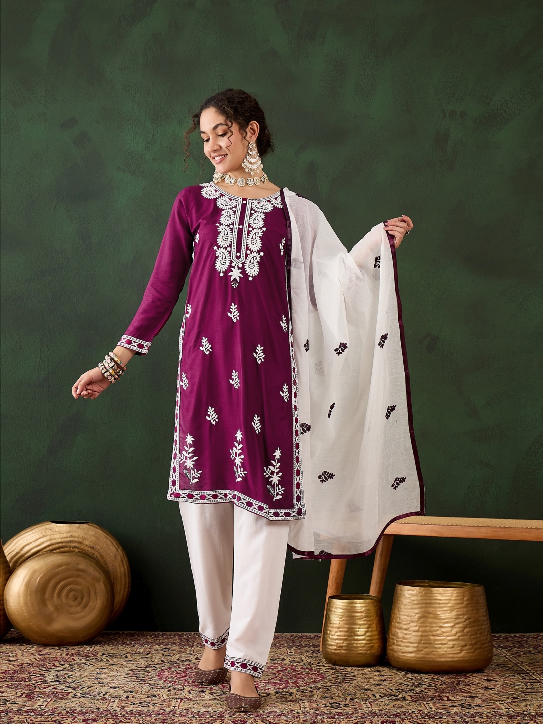 

Blissta Purple Paisley Embroidered Round Neck Chikankari Kurta With Trousers & Dupatta