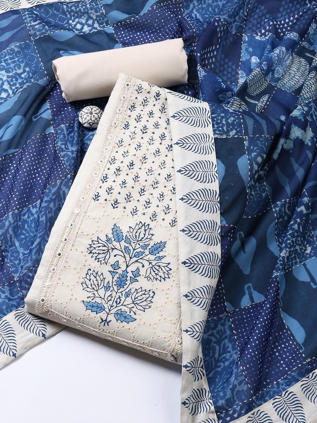 

Meena Bazaar Floral Printed Mirror Work Cotton Unstitched Dress Material, Cream