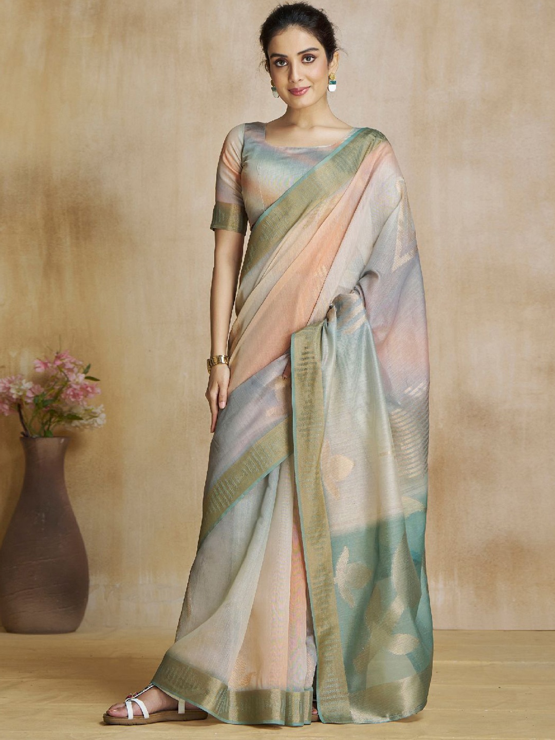 

Mitera Woven Design Zari Silk Blend Saree, Green