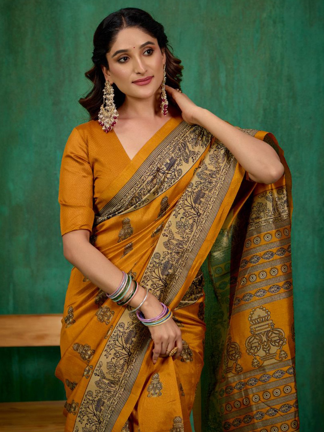 

Sangria Mysore Printed Saree With Blouse Piece, Mustard