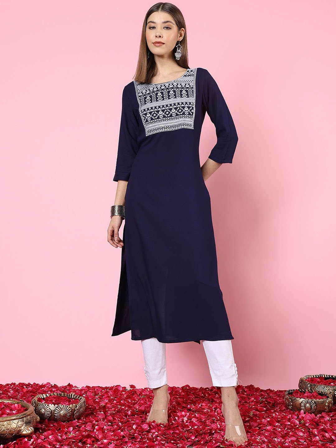 

Anouk Rustic Navy Blue Ethnic Motifs Embroidered Thread Work Round Neck Straight Kurta