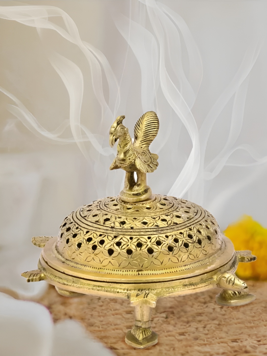 

The Advitya Gold-Toned Tortoise Incense Box With Peacock Religious Curio Showpiece