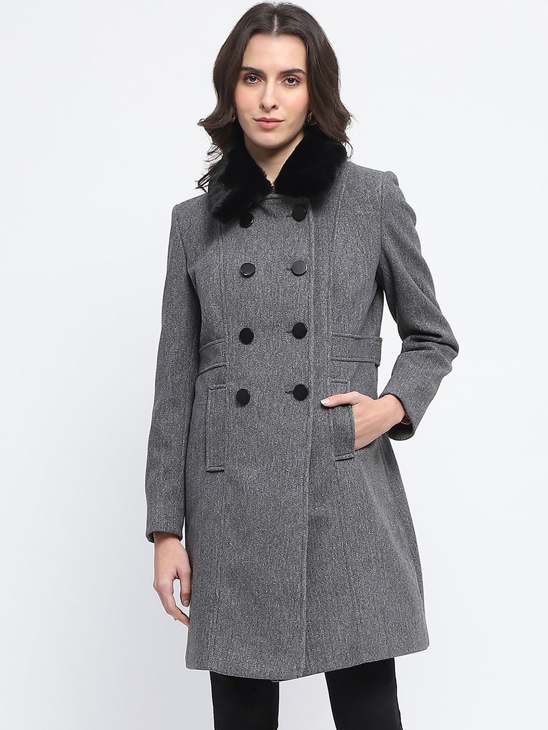 

Madame Women Spread Collar Regular Fit Double-Breasted Longline Overcoat, Grey