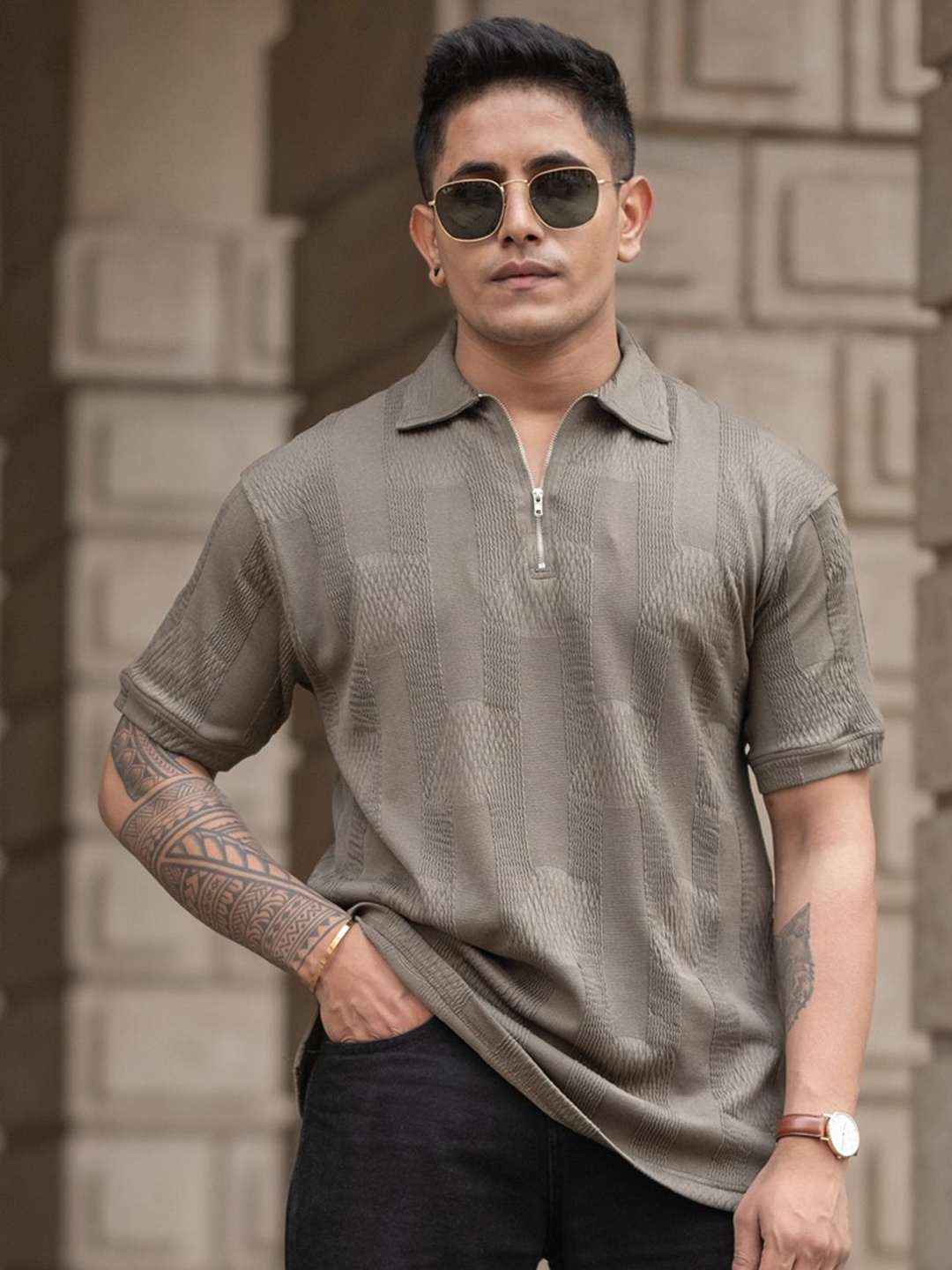 

Powerlook Men Self Design Polo Collar Cotton T-shirt, Olive