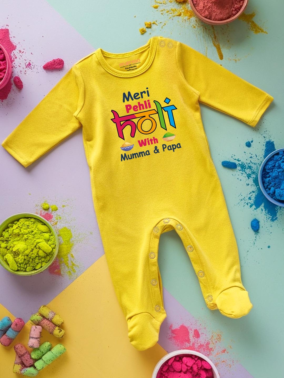 

FFLIRTYGO Infants Holi Printed Cotton Sleepsuit, Yellow