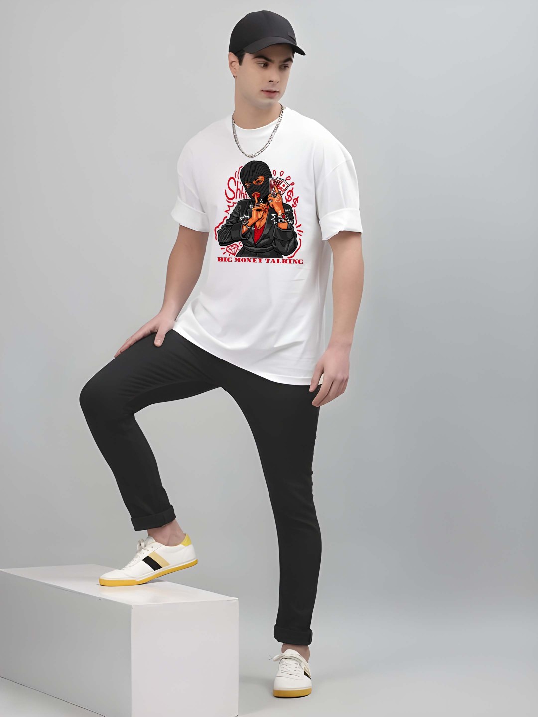 

Krimmple Men Graphic Printed Round Neck Cotton Oversized T-shirt, White