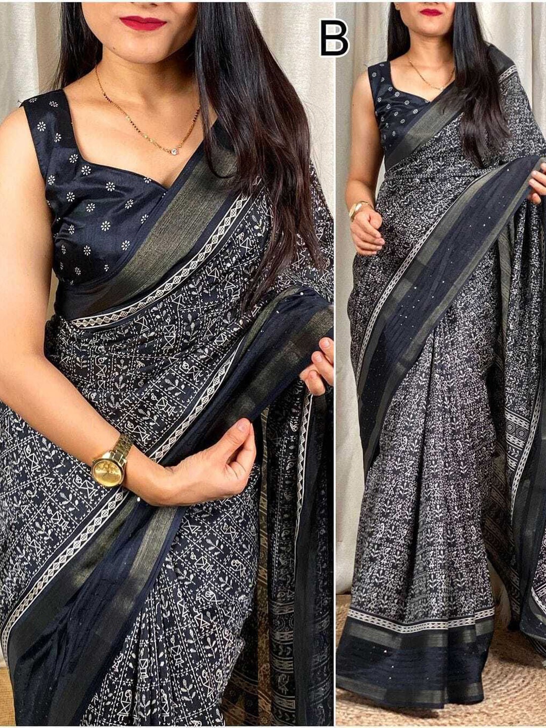 

bansari textiles Kalamkari Zari Jamdani Saree, Black