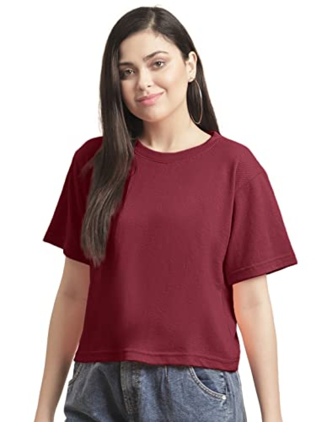 

NOTWILD Women Solid Round Neck Cotton Relaxed Fit T-shirt, Maroon