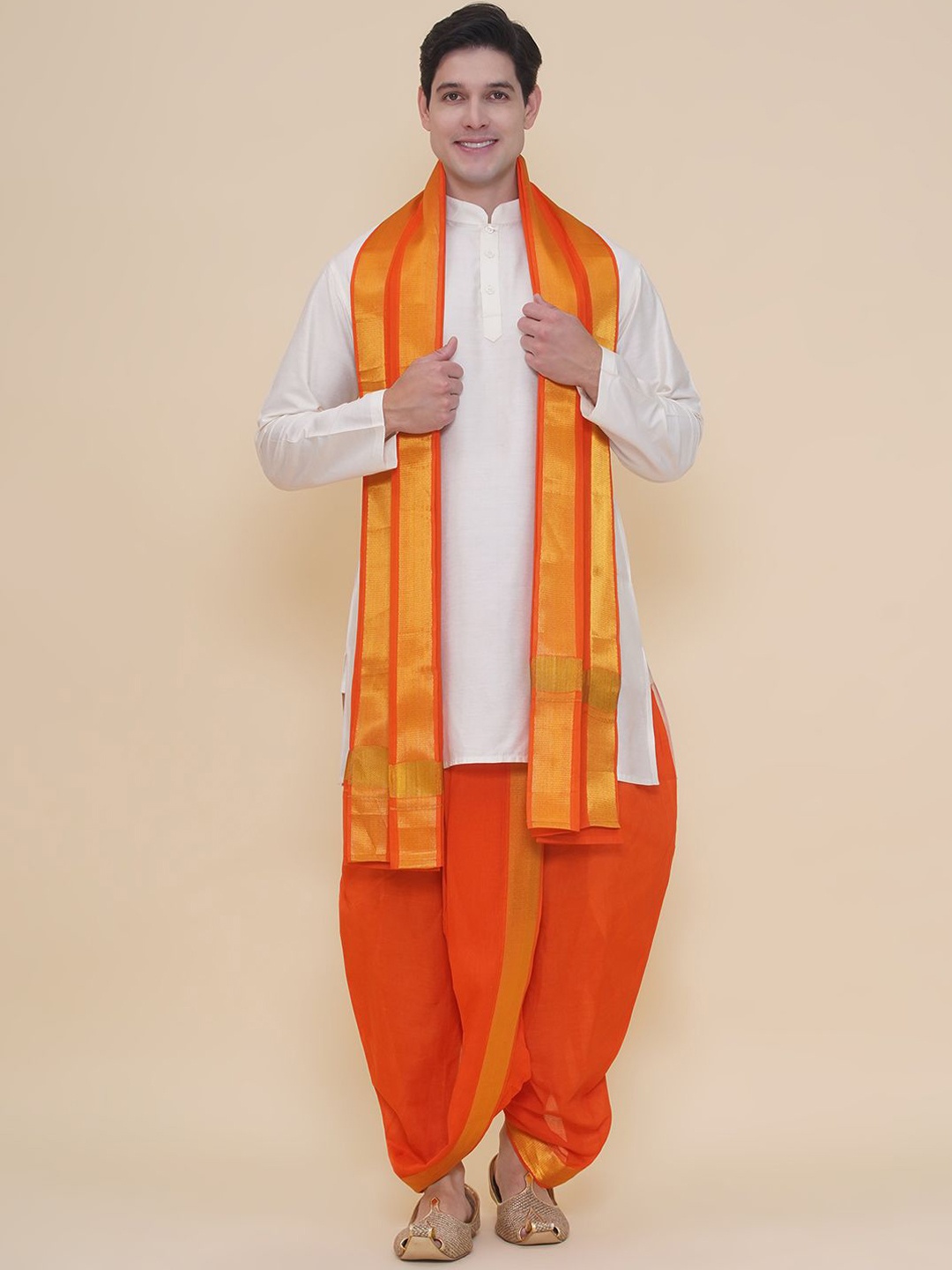 

Sethukrishna Men Cotton Dhoti Pant with Angavastram, Orange