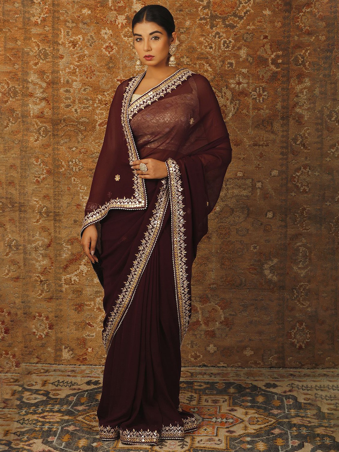 

Geroo Luxe Gotta Patti Pure Georgette Saree, Brown