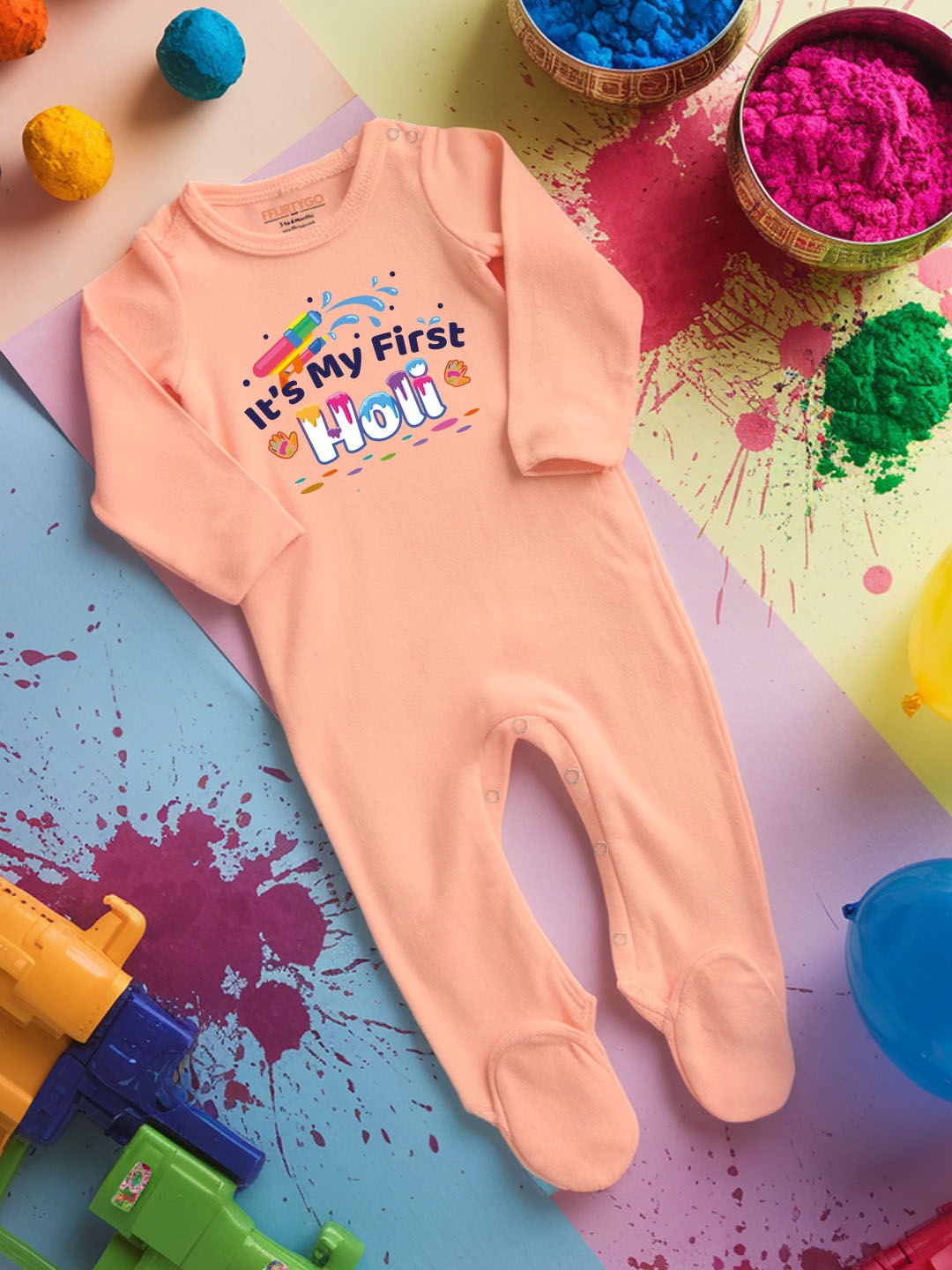 

FFLIRTYGO Infants Holi Printed Pure Cotton Sleepsuit, Peach