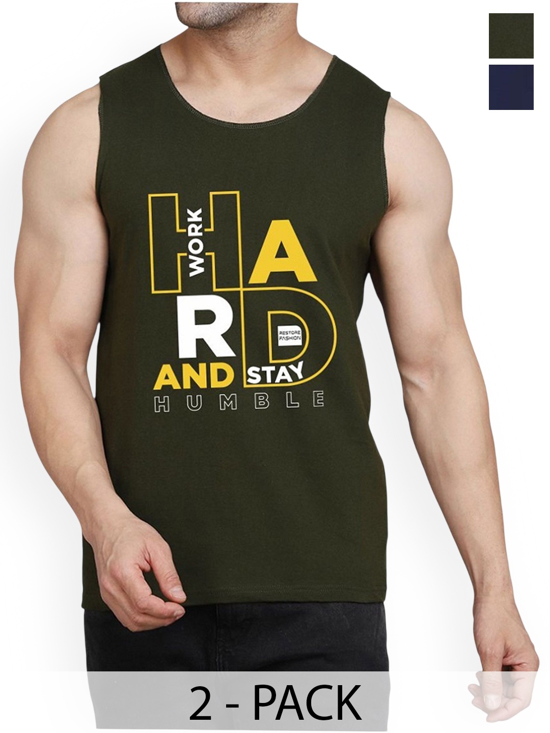 

WOOSTRO Pack Of 2 Printed Combed Cotton Gym Vest RS26 CMB (HARD OLIVE) (98 NAVY)