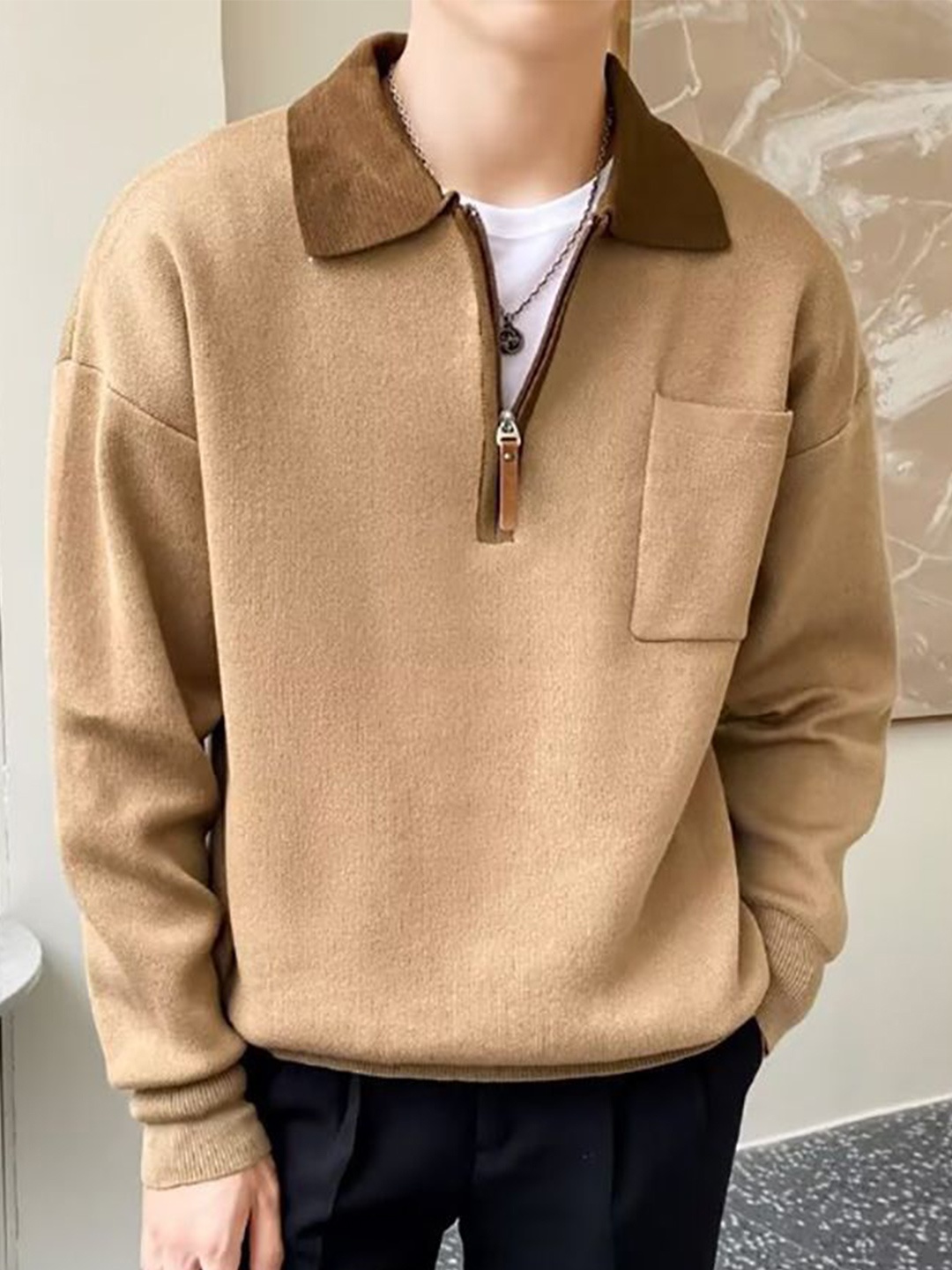 

StyleCast x Revolte Men Shirt Collar Pullover Sweatshirt, Brown