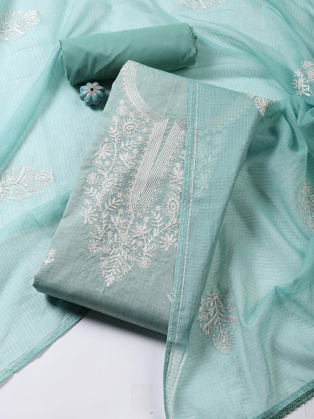 

Meena Bazaar Floral Embroidered Thread Work Unstitched Dress Material, Sea green